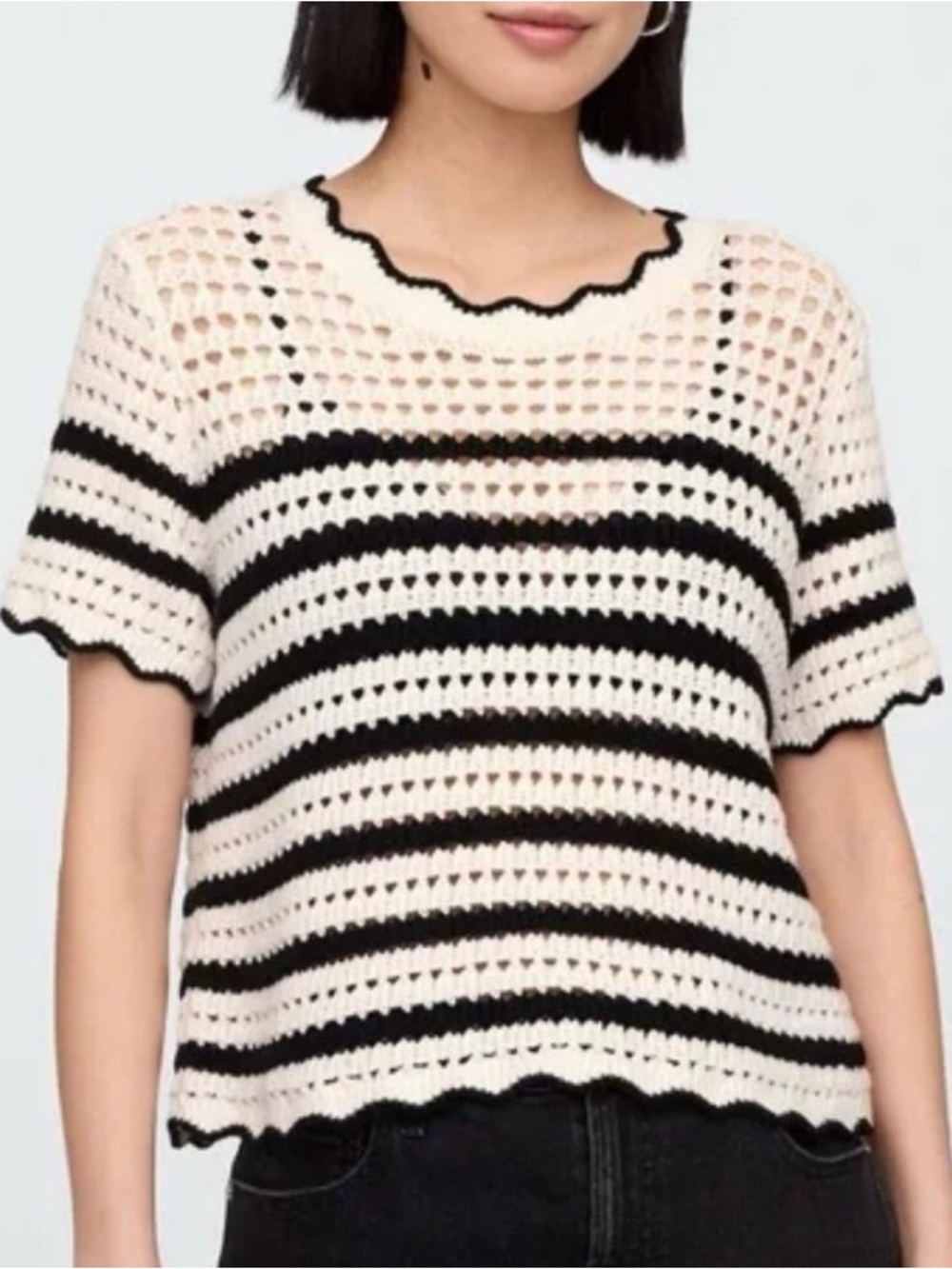 GAP Black & Milk White Striped Cotton Crochet Knit Short Sleeve Top Size Small